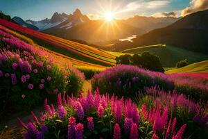 the sun shines over a field of flowers and mountains. AI-Generated photo