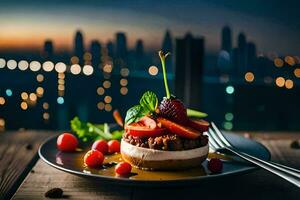 a dessert with fruit and a knife on a plate. AI-Generated photo