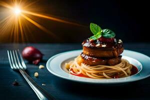 pasta with tomato sauce and basil on a plate. AI-Generated photo