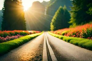 un la carretera con flores y arboles en el antecedentes. generado por ai foto