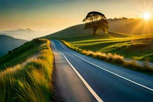 a road with a tree in the middle of the road. AI-Generated photo