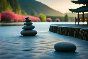 a stone stack sits on the water in front of a pagoda. AI-Generated photo