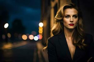 a beautiful woman in a black suit and red lipstick. AI-Generated photo