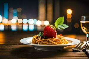 un plato de espaguetis con un fresa en parte superior y un vaso de vino en un de madera mesa. generado por ai foto