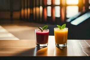 two glasses of juice on a table. AI-Generated photo