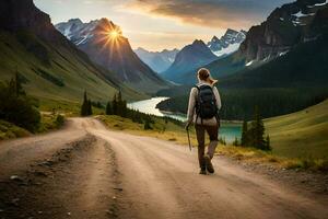 a person with a backpack walking down a road in the mountains. AI-Generated photo