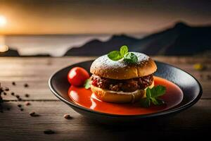 a hamburger with tomato sauce on a plate. AI-Generated photo