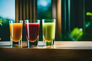 three glasses of juice on a table. AI-Generated photo