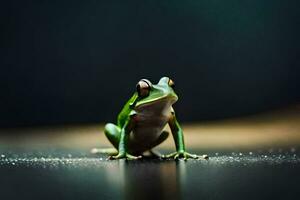 a frog sitting on the ground with a dark background. AI-Generated photo