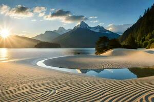 the sun rises over a lake and mountains in the background. AI-Generated photo