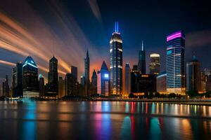 el ciudad horizonte a noche con luces reflejando apagado el agua. generado por ai foto