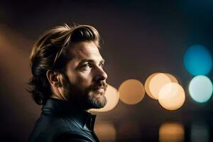 un hombre con un barba y un cuero chaqueta. generado por ai foto