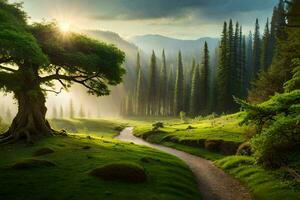 a path leads through a green forest with trees and a sun shining. AI-Generated photo