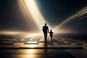 a man and a child walking through a tunnel. AI-Generated photo