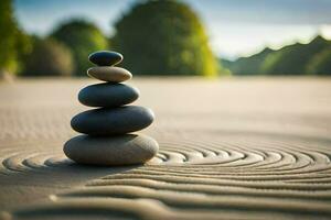 a stack of stones in the sand. AI-Generated photo