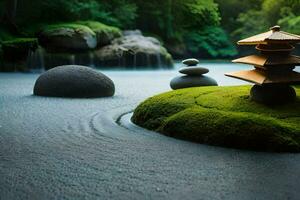 a japanese pagoda sits on a rock in the middle of a pond. AI-Generated photo