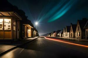 un calle con casas y un Aurora aburrir. generado por ai foto