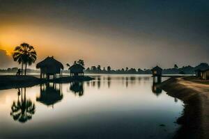 a lake with palm trees and huts at sunset. AI-Generated photo