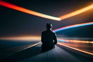 a man in a suit sits on a bench at night with lights in the background. AI-Generated photo