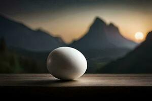 an egg sitting on a table in front of a mountain. AI-Generated photo