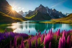 beautiful landscape with purple flowers and mountains. AI-Generated photo