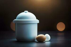 an egg and a white container on a table. AI-Generated photo