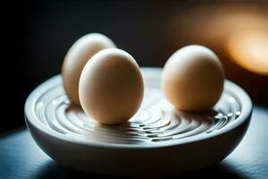 three eggs in a bowl on a table. AI-Generated photo