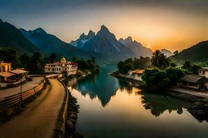 the sun sets over a river and mountains in the background. AI-Generated photo