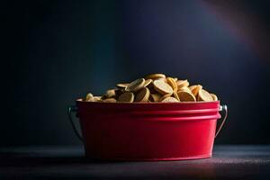 a red bucket filled with peanuts on a dark background. AI-Generated photo