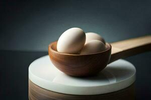 three eggs in a bowl on a wooden plate. AI-Generated photo