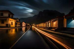 un largo exposición foto de un calle a noche. generado por ai