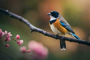 a bird sitting on a branch with pink flowers. AI-Generated photo