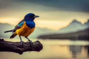 un vistoso pájaro se sienta en un rama cerca un lago. generado por ai foto