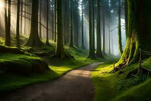 a path through a forest with trees and moss. AI-Generated photo