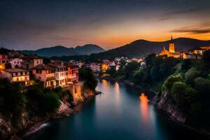 photo wallpaper the sky, water, mountains, river, houses, town, sunset, the city. AI-Generated