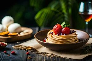 a plate of pasta with berries and a glass of wine. AI-Generated photo