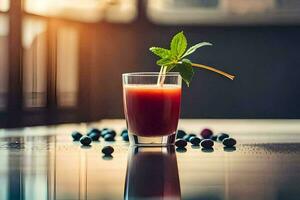 un vaso de jugo con bayas en un mesa. generado por ai foto