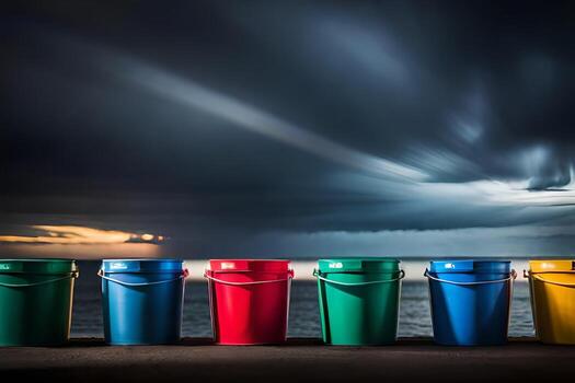 a row of colorful buckets on a dock with a storm in the background. AI-Generated photo