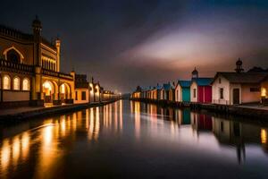the waterway is lined with colorful houses at night. AI-Generated photo
