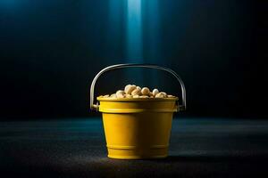 a yellow bucket filled with peanuts on a dark background. AI-Generated photo