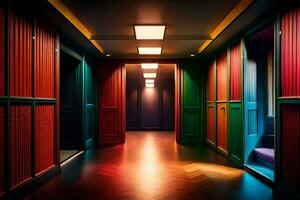 a hallway with colorful doors and wood floors. AI-Generated photo