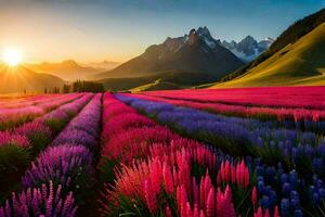 a field of purple flowers and mountains at sunset. AI-Generated photo