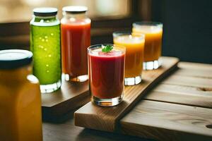 a tray of juices and juices on a wooden table. AI-Generated photo