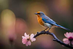 a blue and orange bird sits on a branch. AI-Generated photo