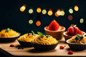 various types of pasta and fruit on a table. AI-Generated photo