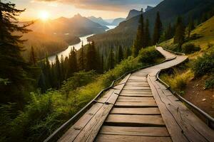 un de madera pasarela Guías a un montaña lago a puesta de sol. generado por ai foto