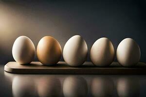 five eggs are lined up on a wooden tray. AI-Generated photo