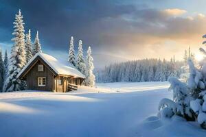 un cabina en el nieve. generado por ai foto