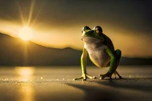 a frog is standing on the ground in front of the sun. AI-Generated photo