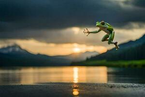 a frog jumping into the air at sunset. AI-Generated photo